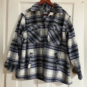 Blue Plaid Fleece Jacket Granola Shacket Button-Up Jacket